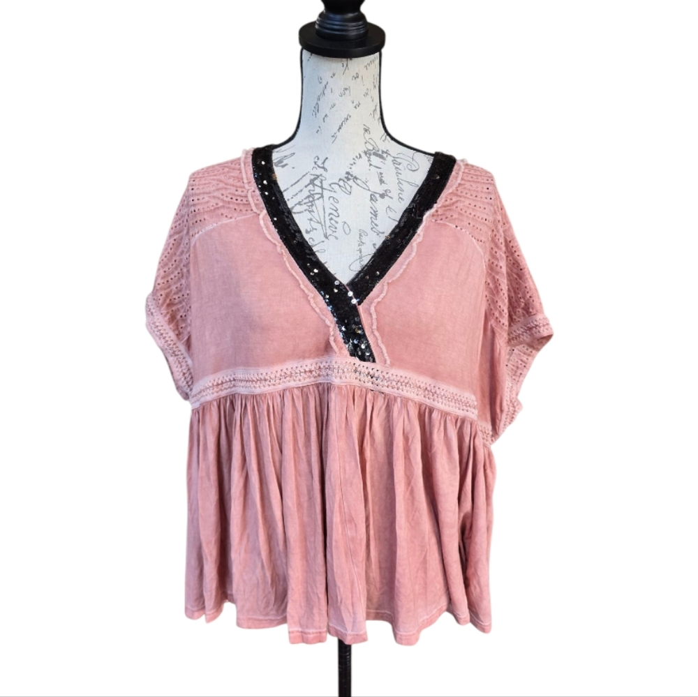 ❤️🔥LAST CHANCE ❤️🔥POL Acid Wash Pink Black Sequin Oversized Short Sleeve Boho